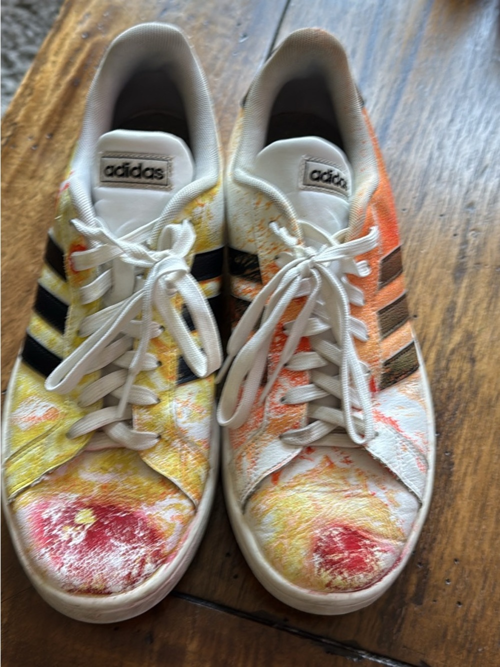 adidas White Low-Top Sneakers with Yellow, Orange & Red Splatter
